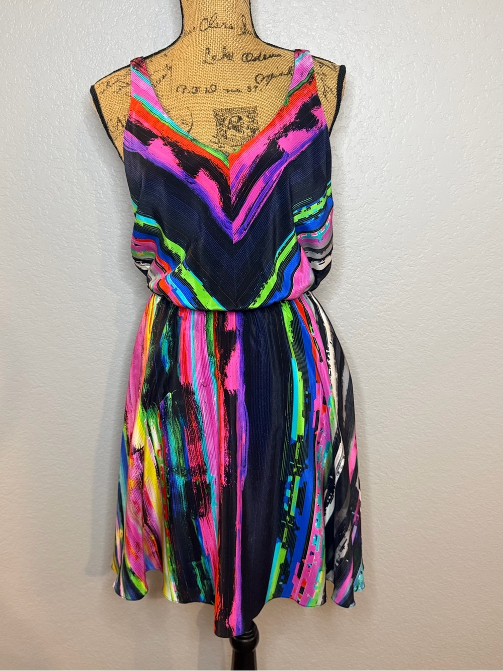 Amanda Uprichard Neon Brushstroke V-Neck Mini Dress